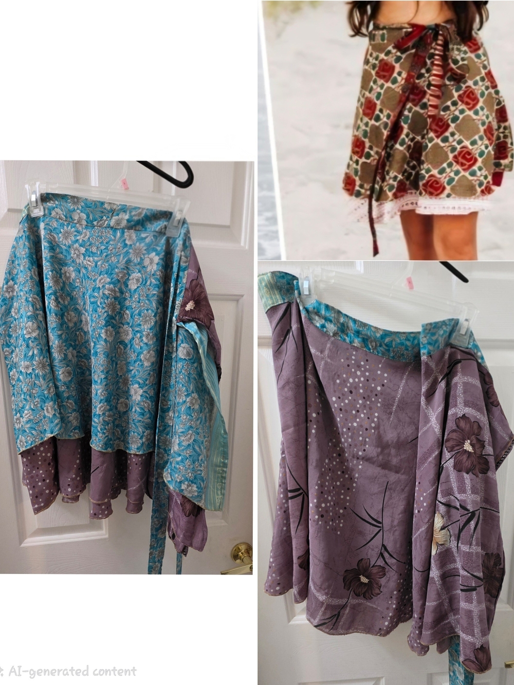 Boho Reversible Knee Length Floral Sari Wrap Skirt in Purple and/or Teal